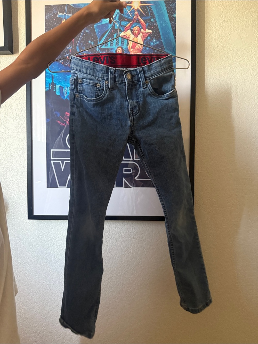 Levi's Slim Straight Blue Denim Jeans with Red Waistband Detail